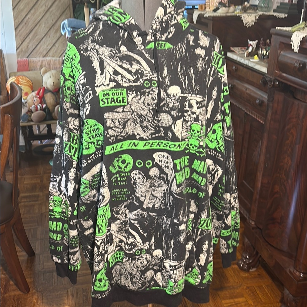 Rob Zombie Skeletal Graphic Print Hoodie - Green and Black